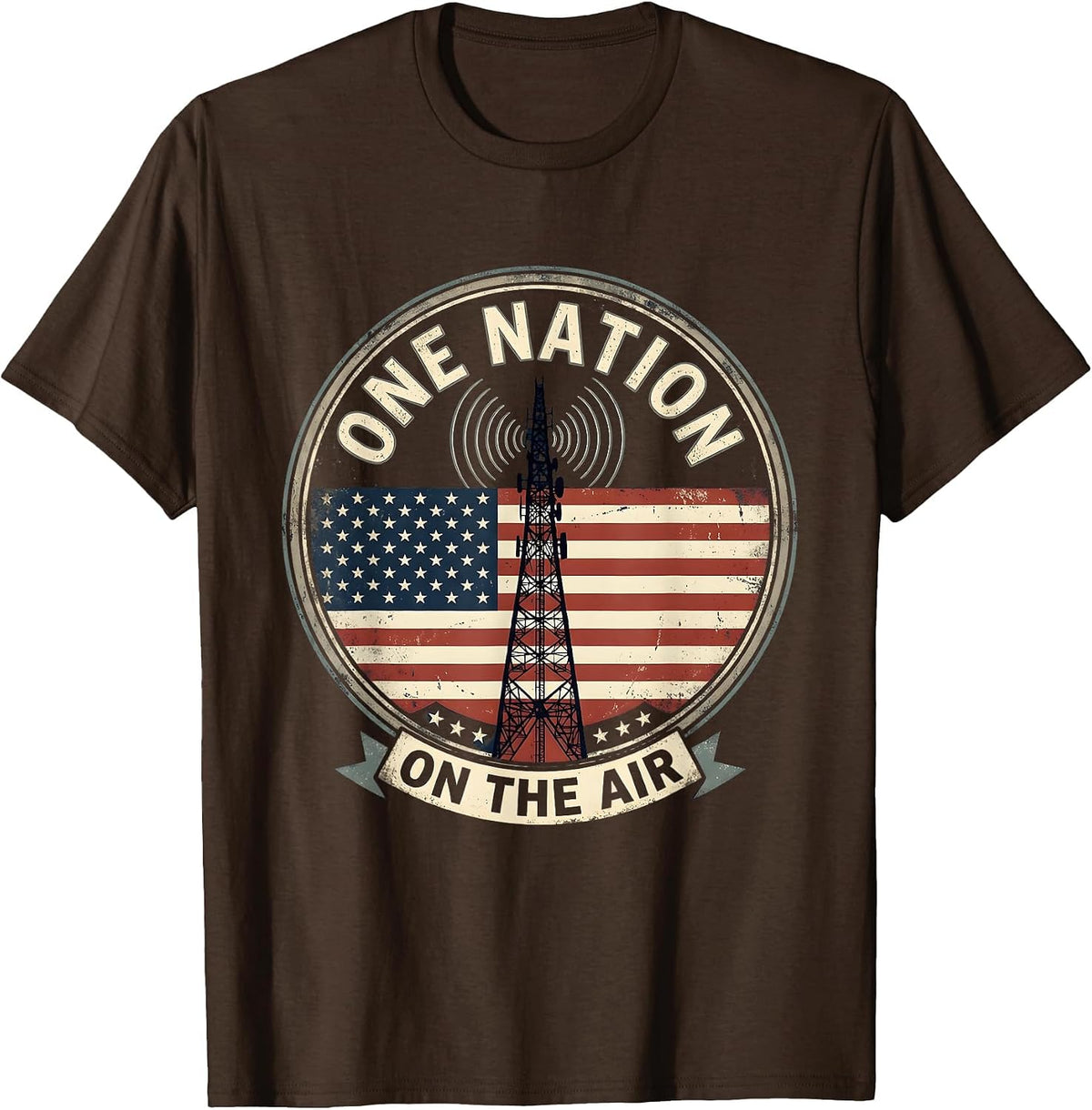 One Nation, On The Air Ham Radio Emblem T-Shirt - Brown