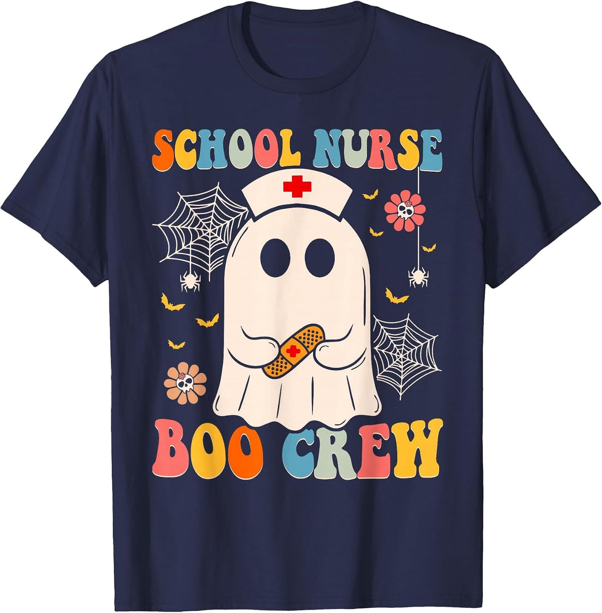 Groovy School Nurse Boo Crew Nurse Funny Ghost Halloween T-Shirt - Navy Blue