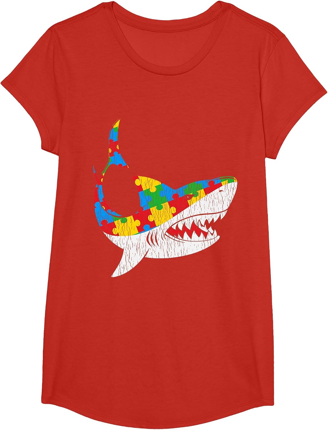 Vintage Shark Puzzle Autistic Kids Autism Awareness Shark T-Shirt - Girls Red