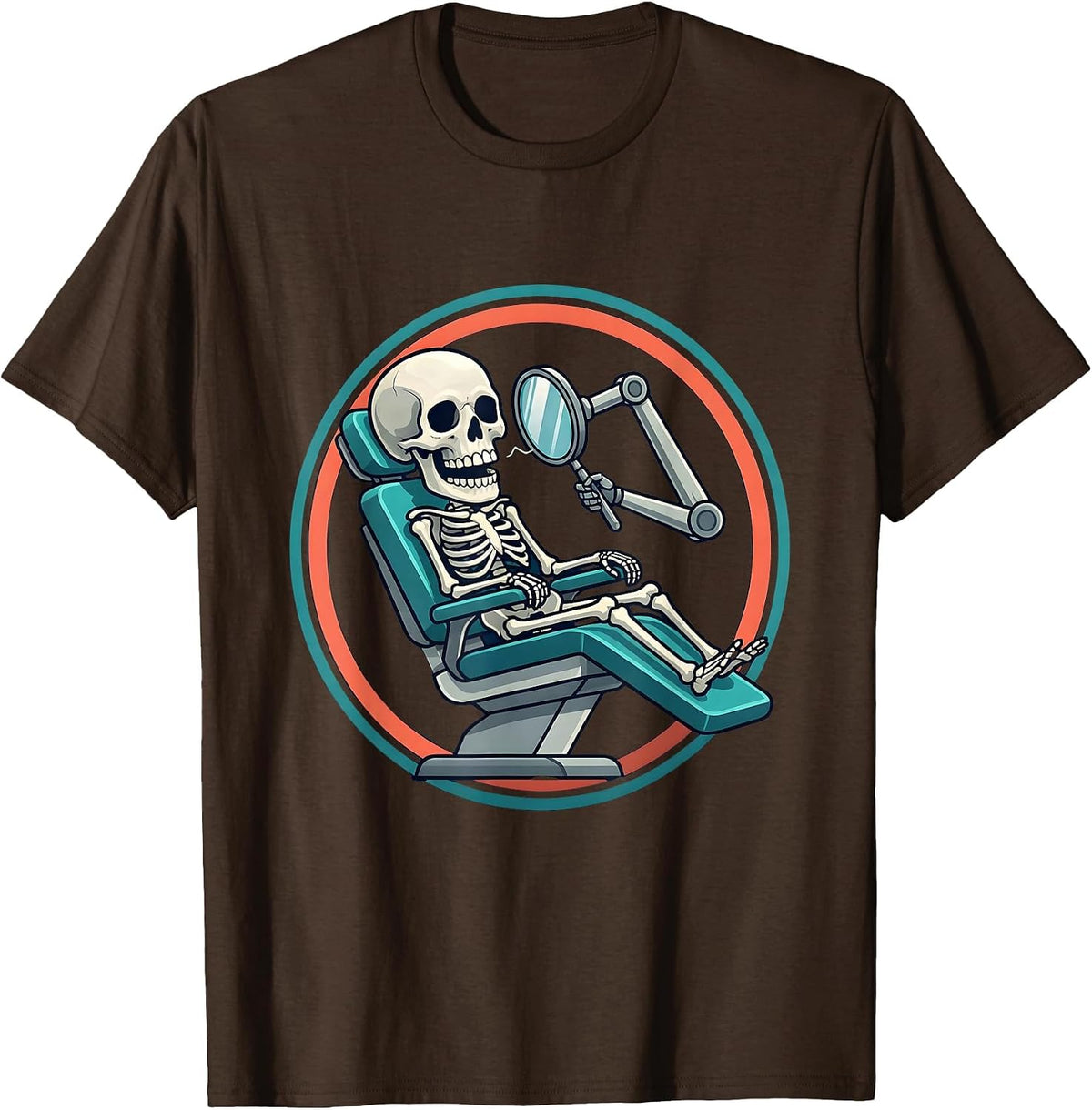 Skeleton Dentist Chair Radiology Illustration T-Shirt - Brown