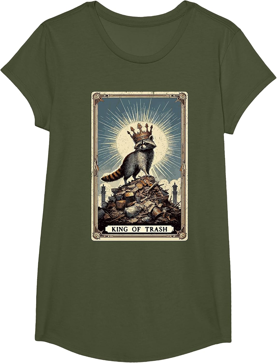 King of Trash Racoon Tarot Card Raccoon T-Shirt - Girls Olive Green