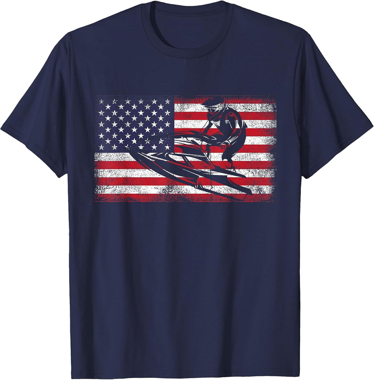 Personal Watercraft Grunge Style American PWC USA Flag T-Shirt - Navy Blue