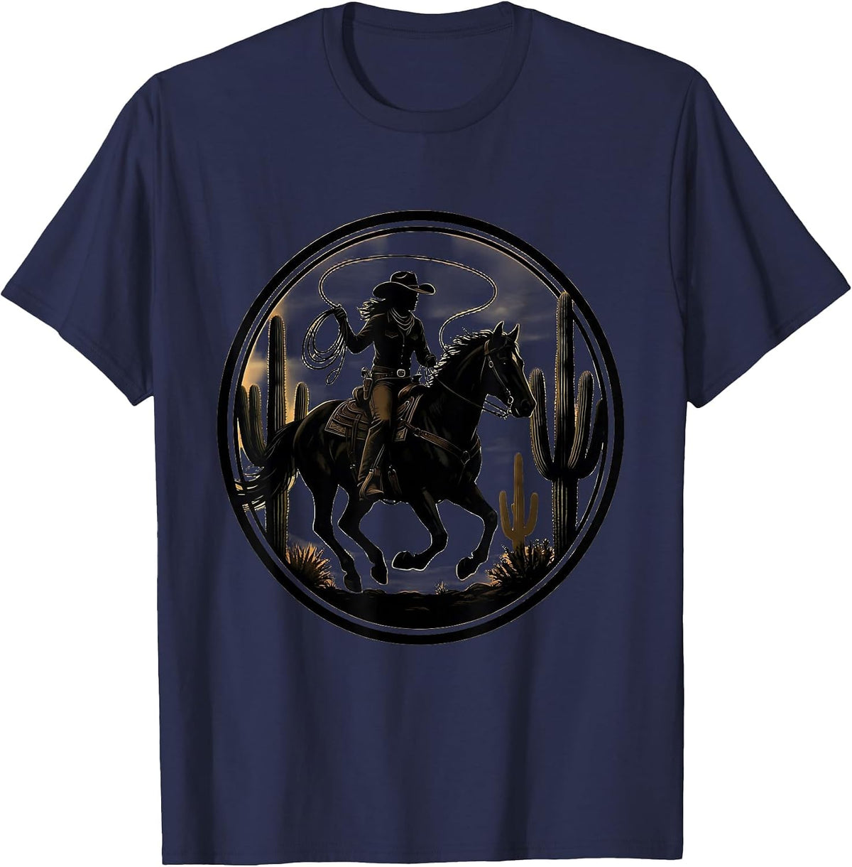 Black Cowgirl Riding Horse Through Cactus Field T-Shirt - Navy Blue