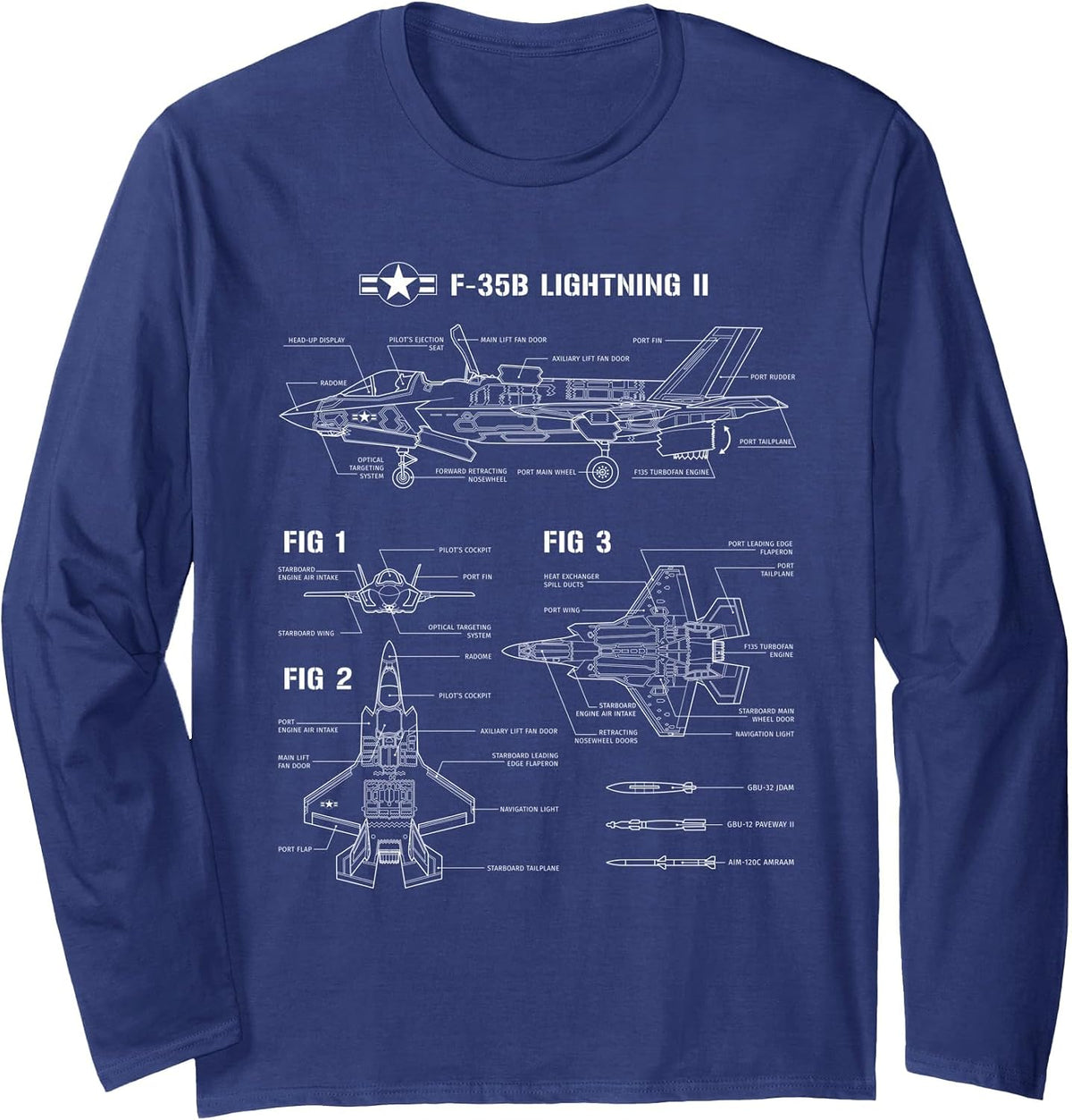 American Aircraft Stealth Fighter F35 Lightning Blueprint Long Sleeve T-Shirt - Adult Unisex Navy Blue