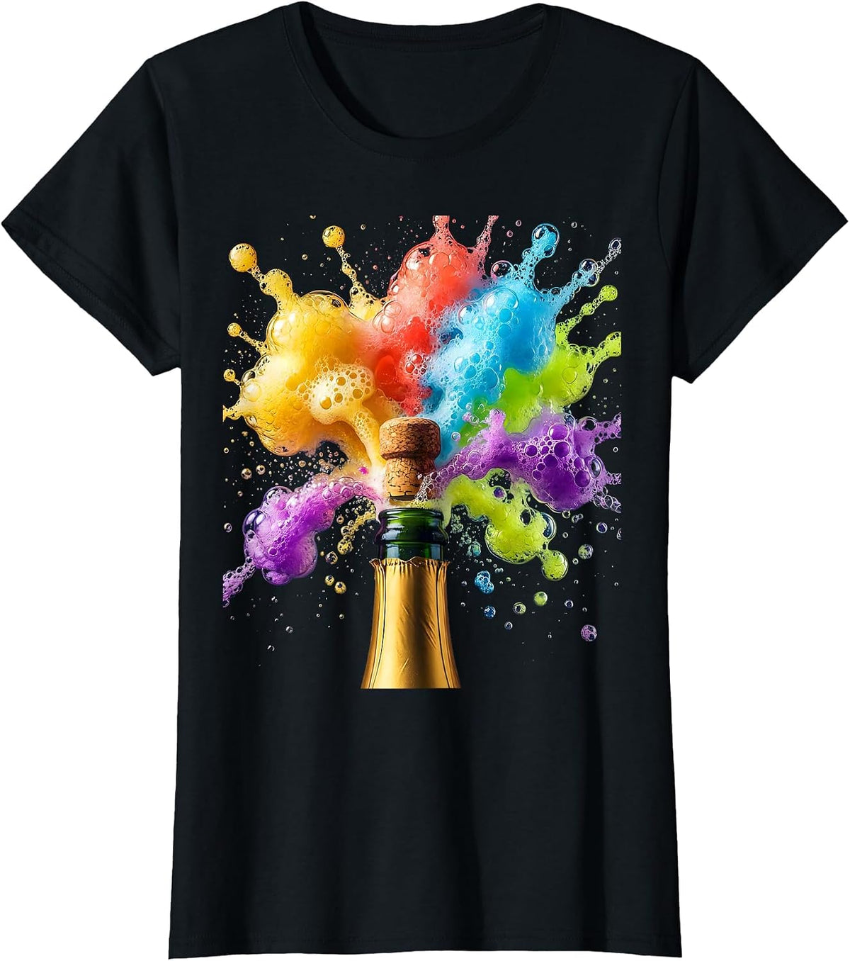 Exploding Champagne Bottle Celebration Graphic T-Shirt - Black