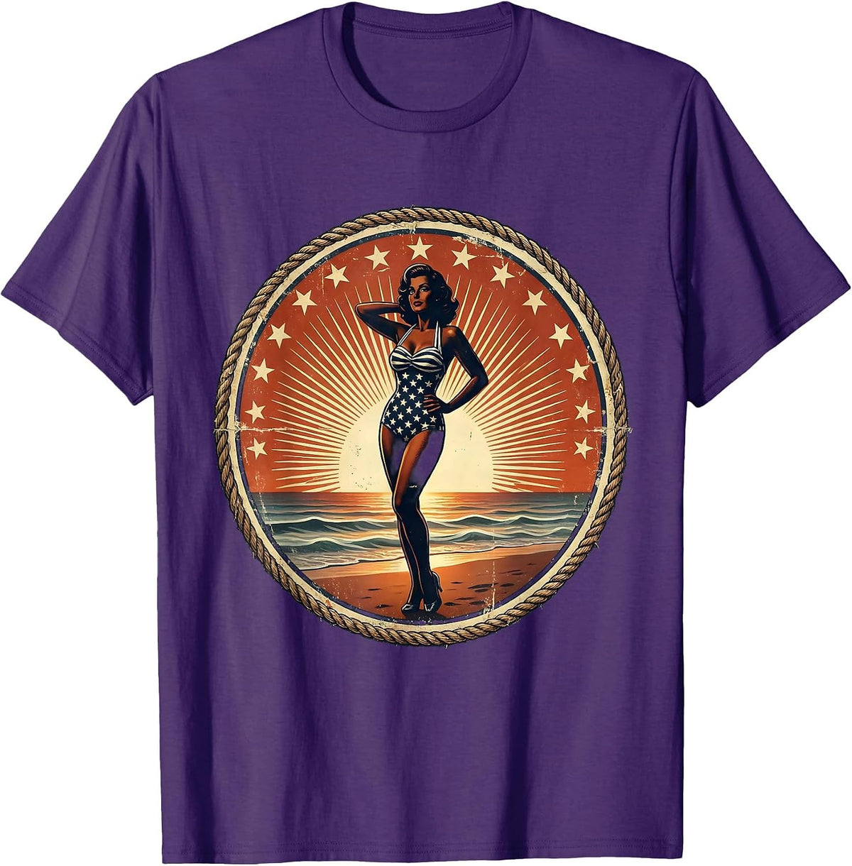 Patriotic Stars and Stripes Beachside Sunset T-Shirt - Purple