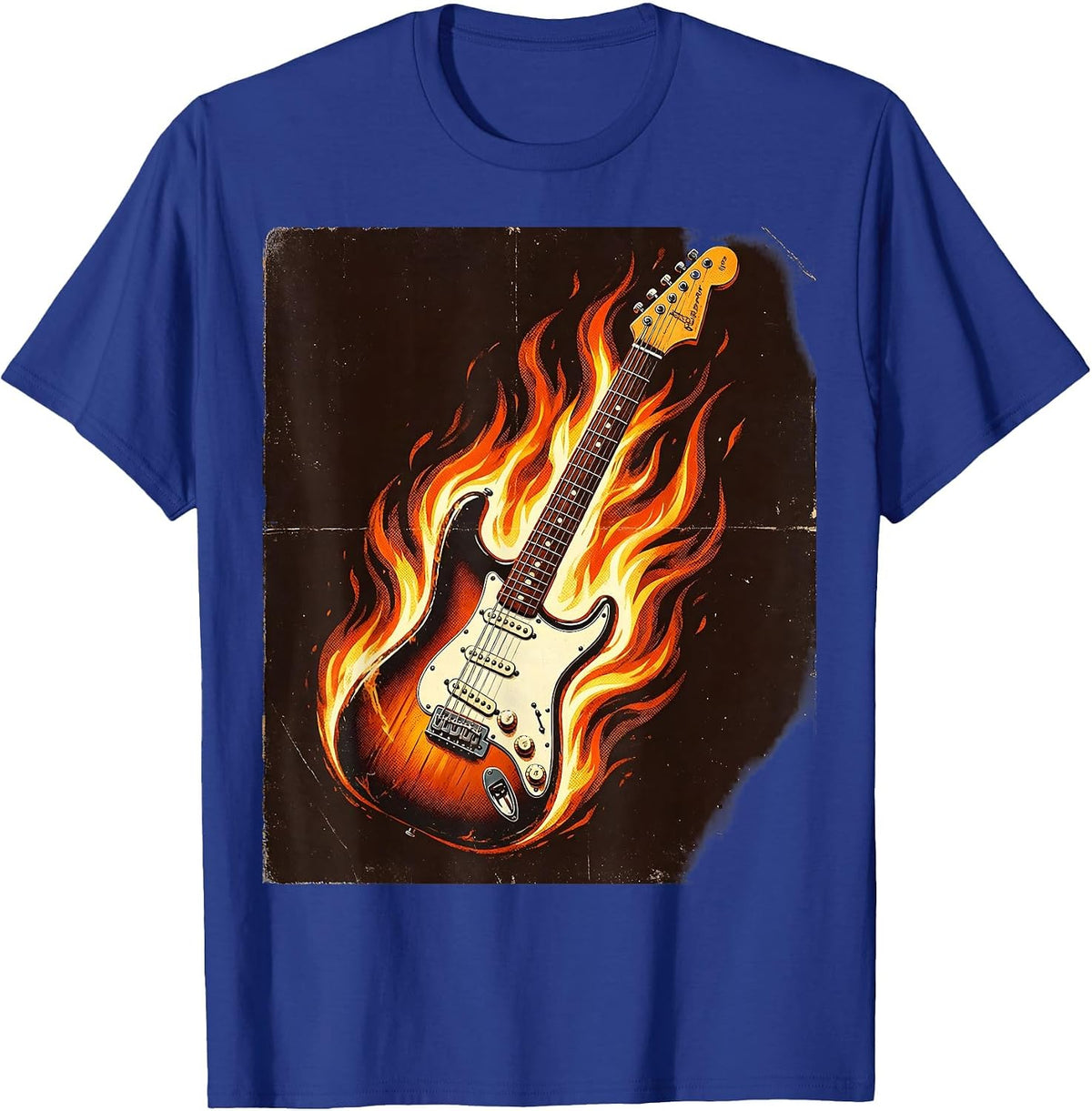 Flaming Electric Guitar 80s Rock Band Graphic T-Shirt - Royal Blue