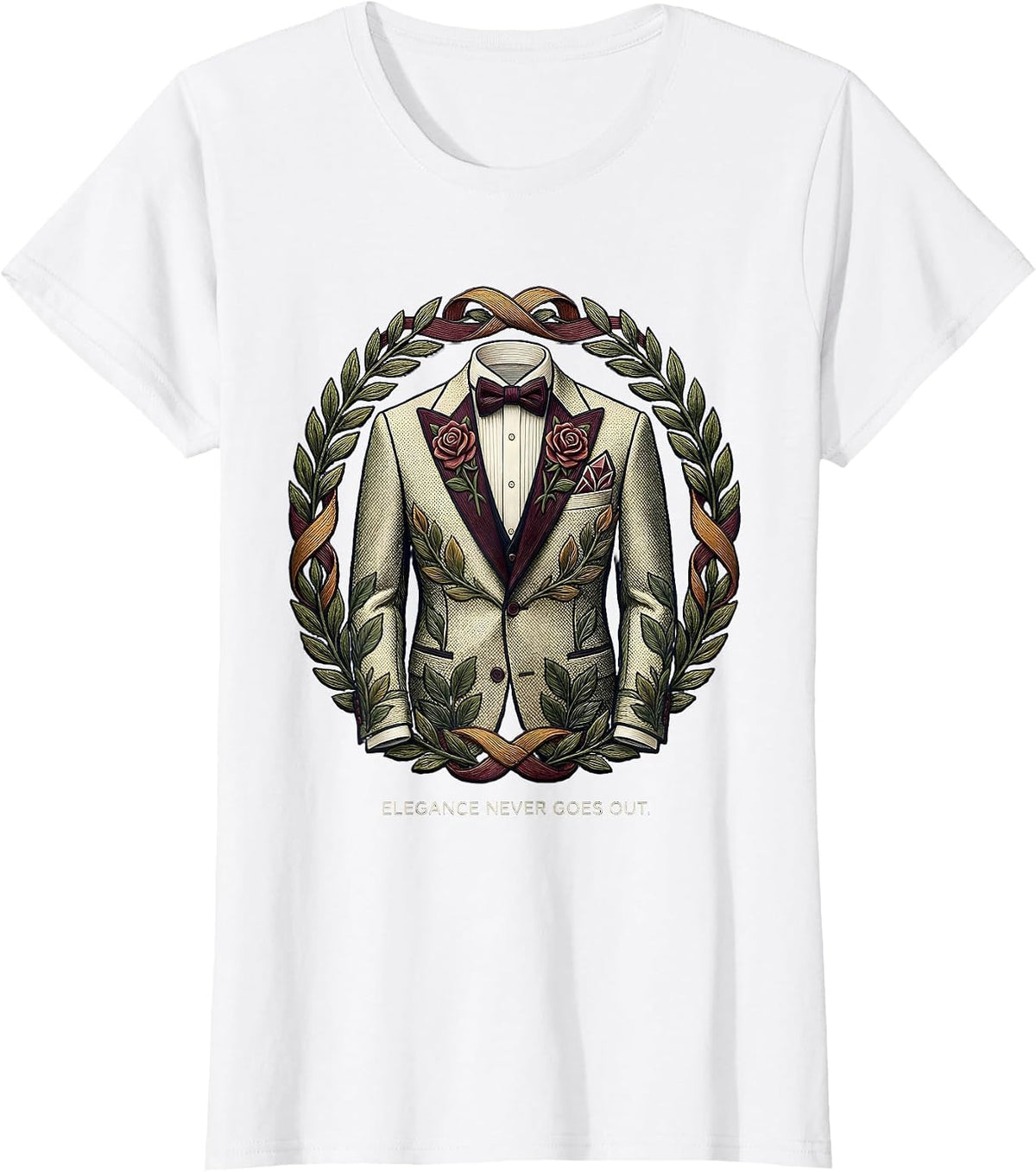 Elegance Never Goes Out Tuxedo Graphic Design T-Shirt - White