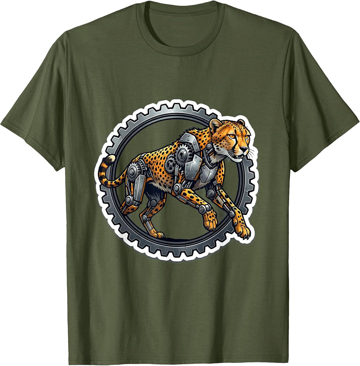 Mechanical Cheetah Steampunk Gear Art Design T-Shirt - Olive Green
