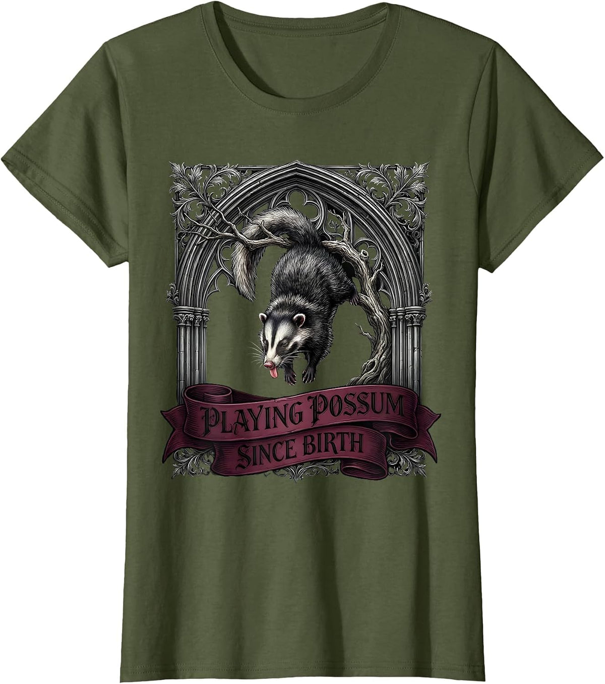 Women's Playing Possum Since Birth Funny Opossum Design T-Shirt - Olive Green