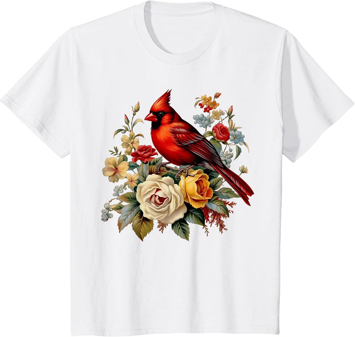 Red Cardinal Bird Roses Floral Nature Bird Watching T-Shirt - White
