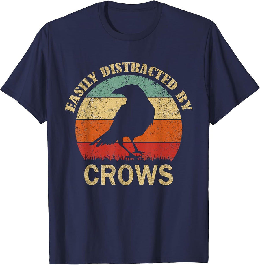 Easily Distracted By Crows | Retro Funny Bird Lover Crow T-Shirt - Navy Blue