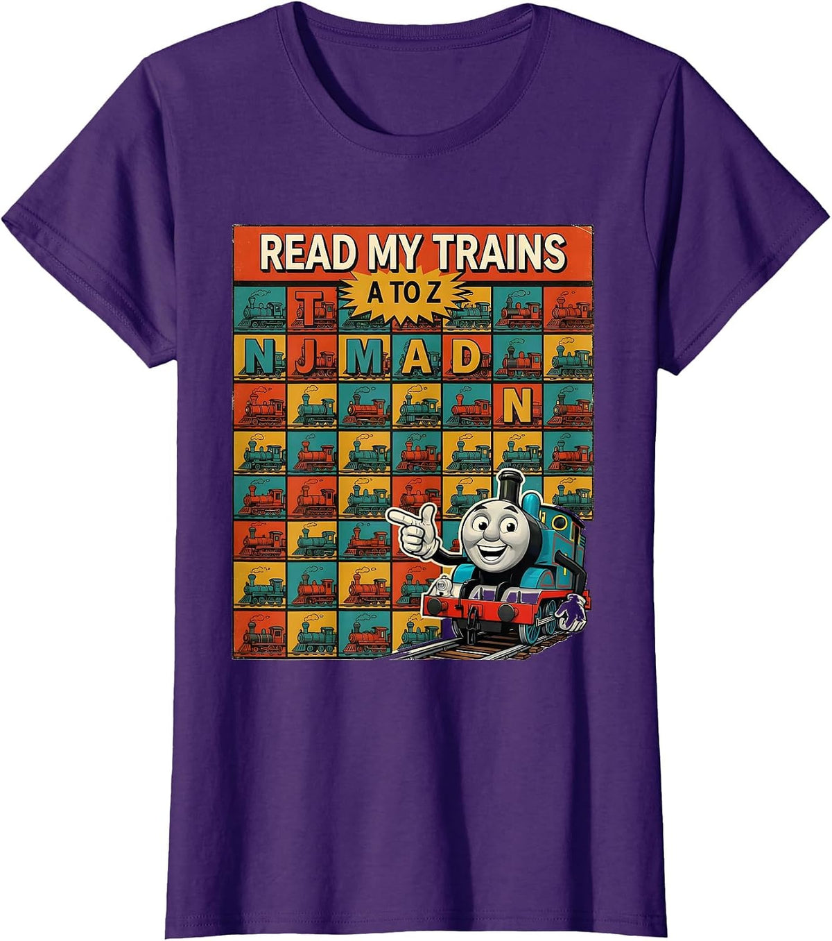 Women's Read My Trains A to Z Retro Alphabet ABC Learning Chart For T-Shirt - Purple