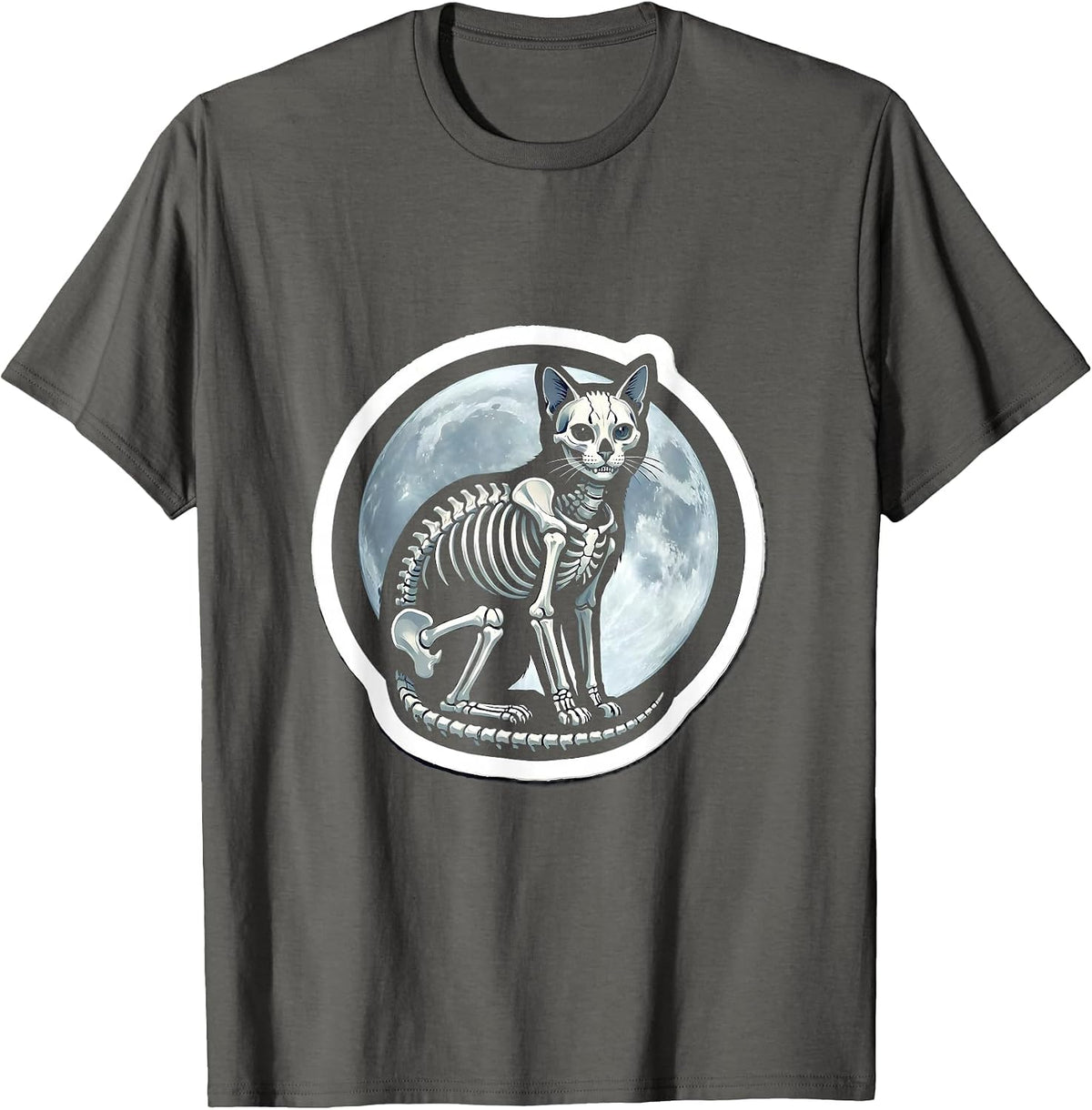 Cat Skeleton Glowing Under Moonlight Illustration T-Shirt - Asphalt Grey