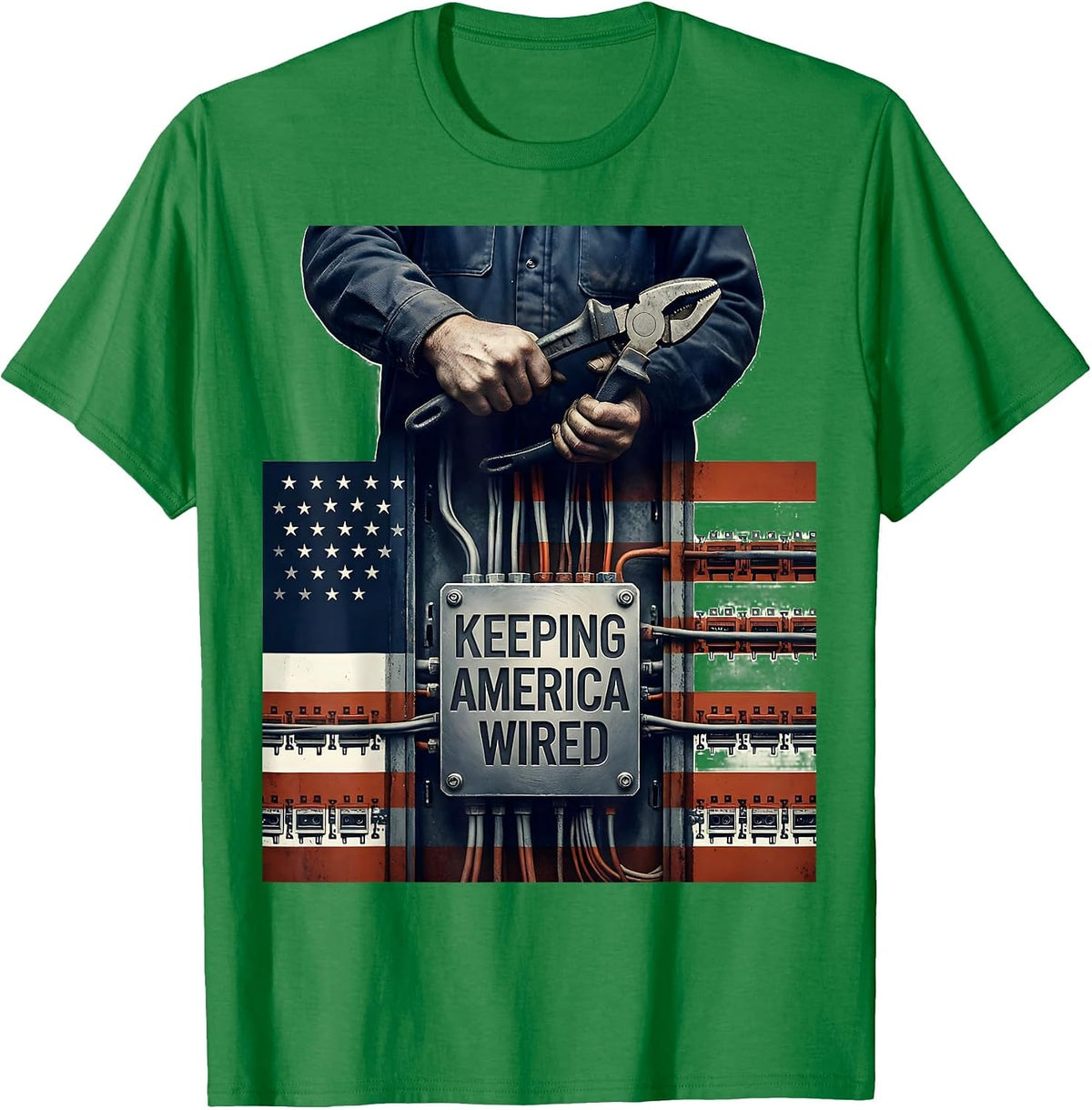 Men's Keeping America Wired Distressed Electrician American Flag T-Shirt - Kelly Green