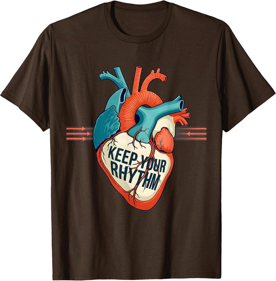 Men's Keep Your Rhythm Flat Vector Anatomical Cardiac Nurse Heart T-Shirt - Brown