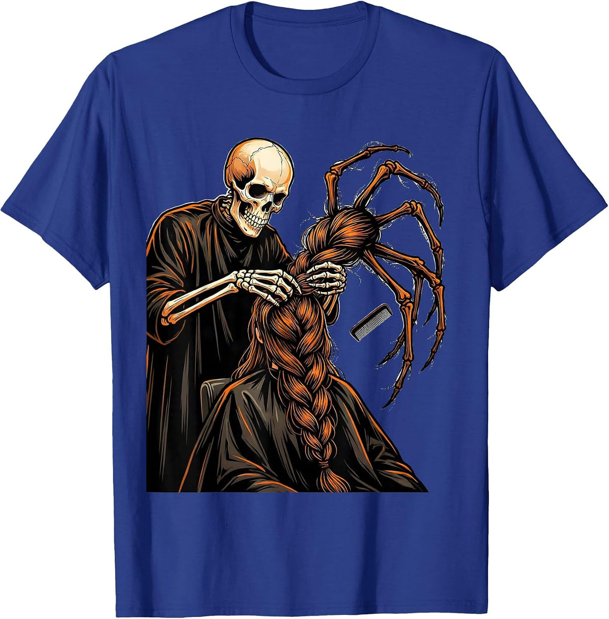 Skeleton Hairstylist Braiding Halloween Barber Humor T-Shirt - Royal Blue