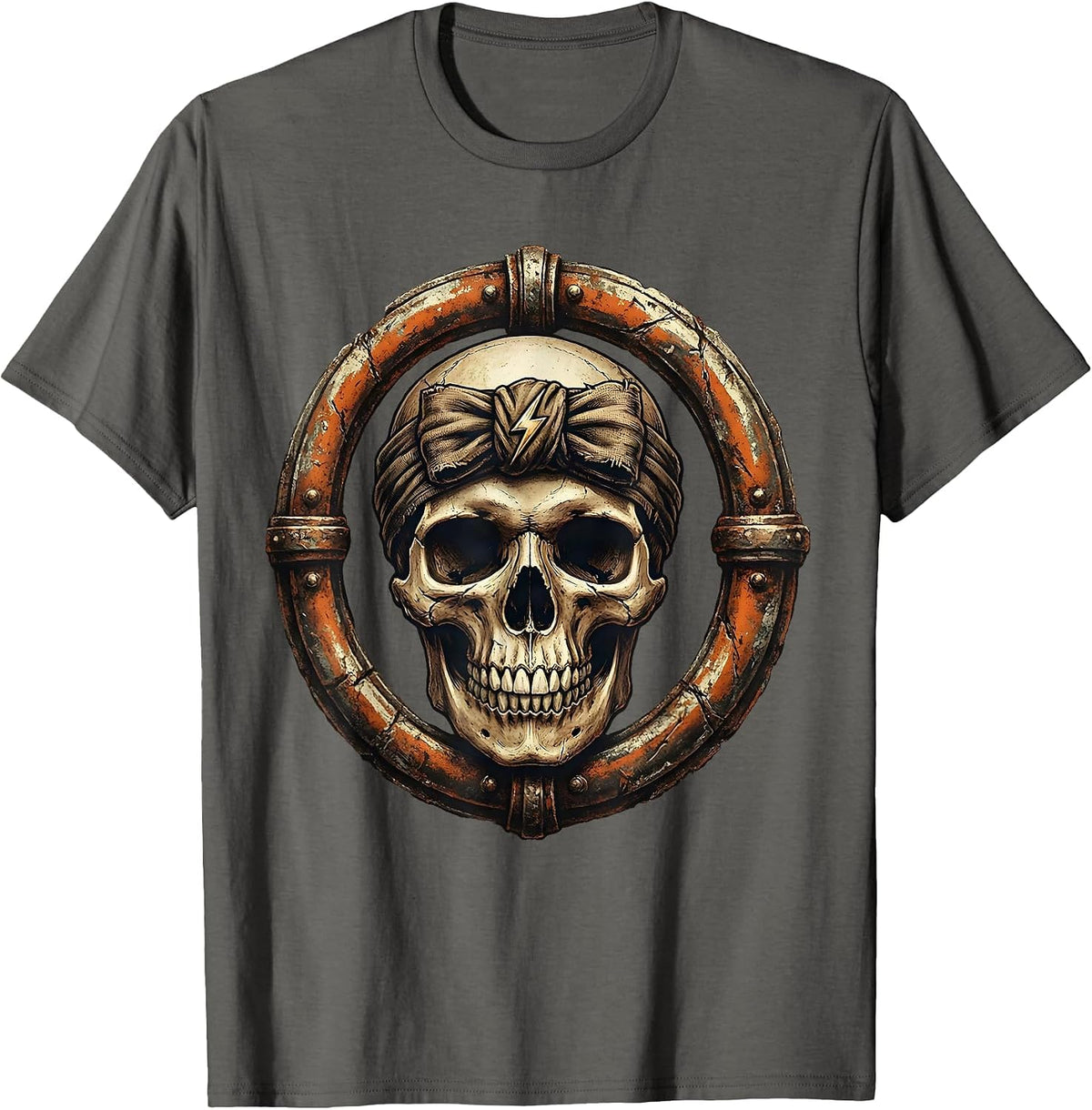 Rock Skull Vintage Headband Graphic Tee T-Shirt - Asphalt Grey