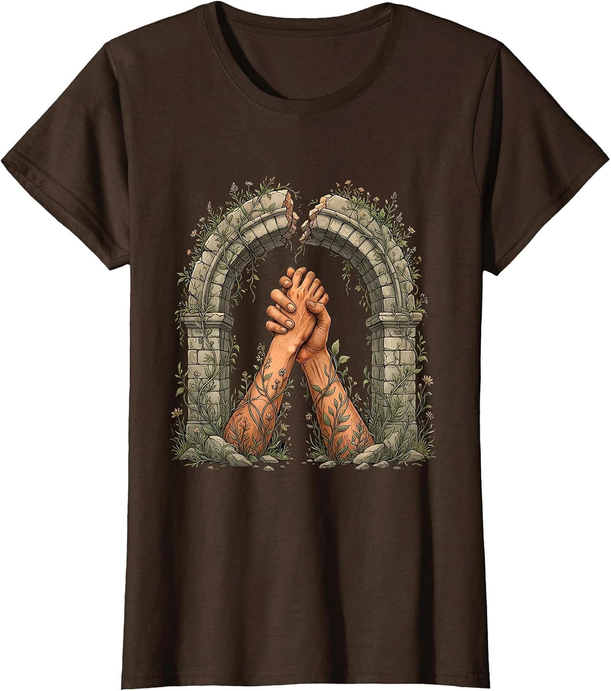 Women's Linked Arms Across a Broken Bridge Unity Design T-Shirt - Brown