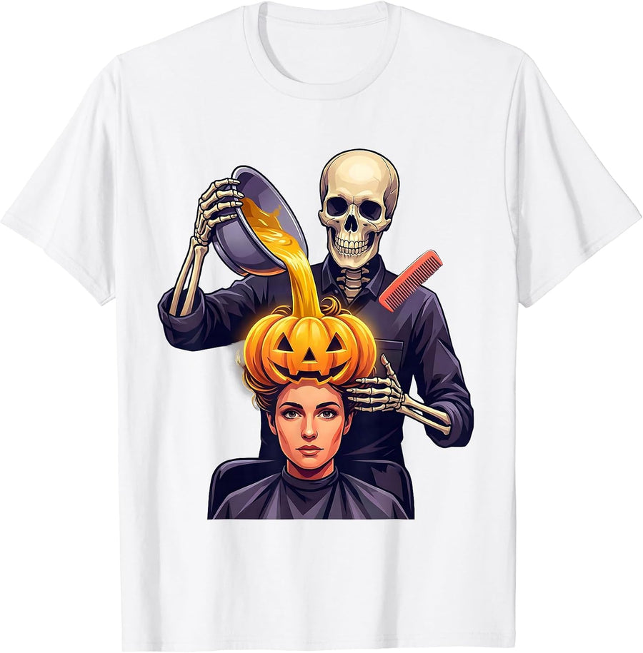 Men's Skeleton Hairstylist Halloween Humor Hair Salon T-Shirt - White