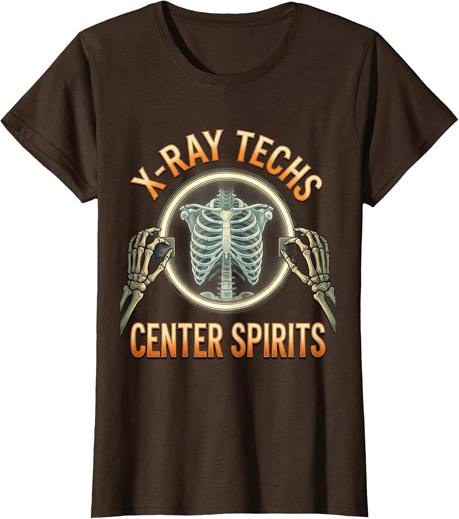 Women's X-Ray Techs Center Spirits Funny Radiology Tech Halloween T-Shirt - Brown