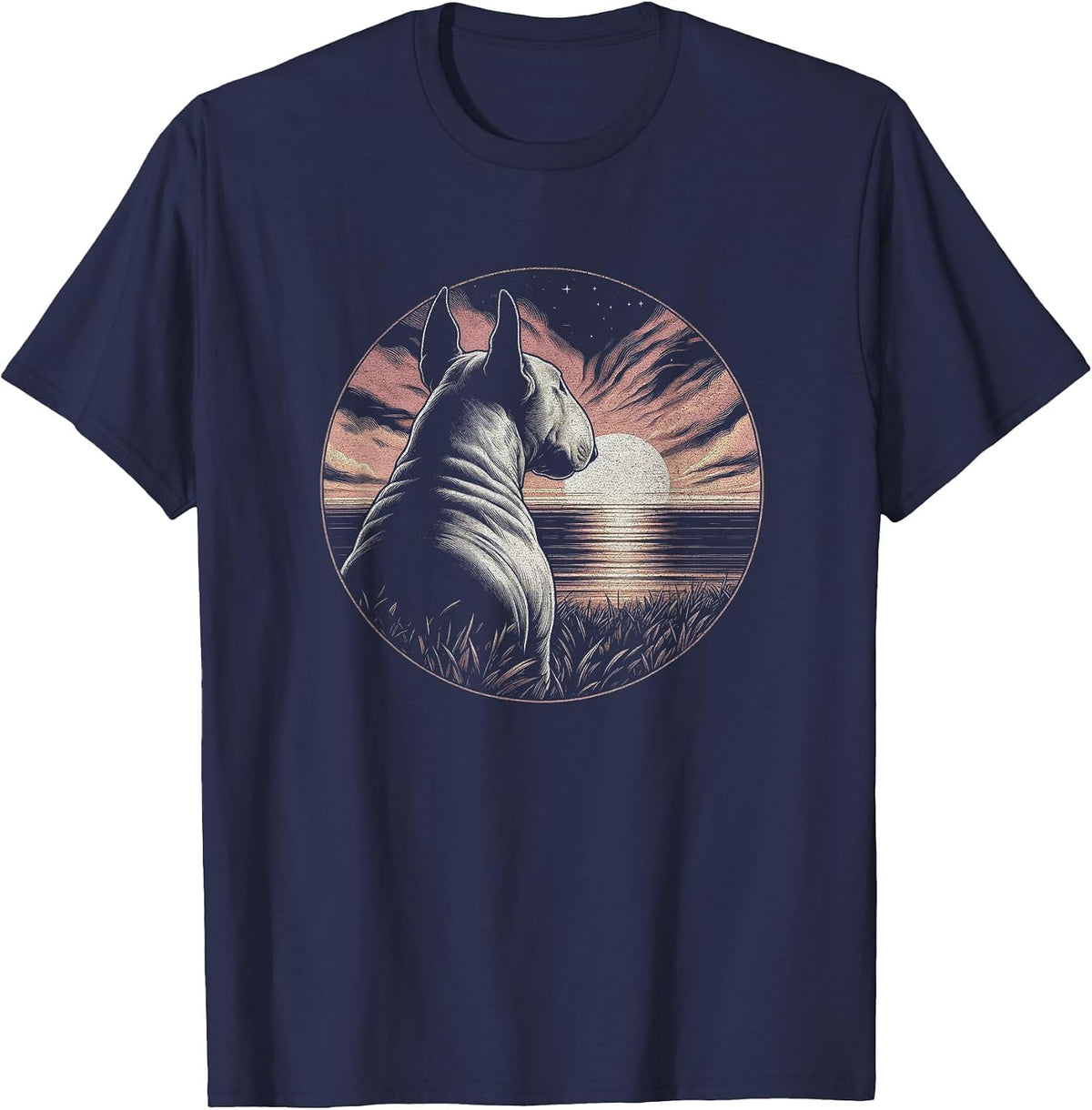 Vintage Bull Terrier Dog Retro Sunset Scene Art Design T-Shirt - Navy Blue