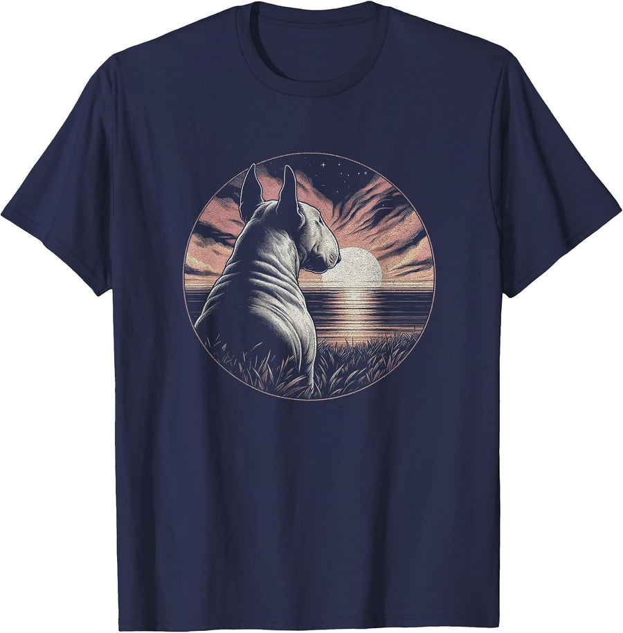 Vintage Bull Terrier Dog Retro Sunset Scene Art Design T-Shirt - Navy Blue