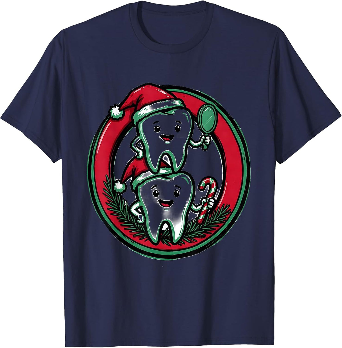 Men's Dental Tooth Christmas Humor Marker Outline Dentist Crew T-Shirt - Navy Blue