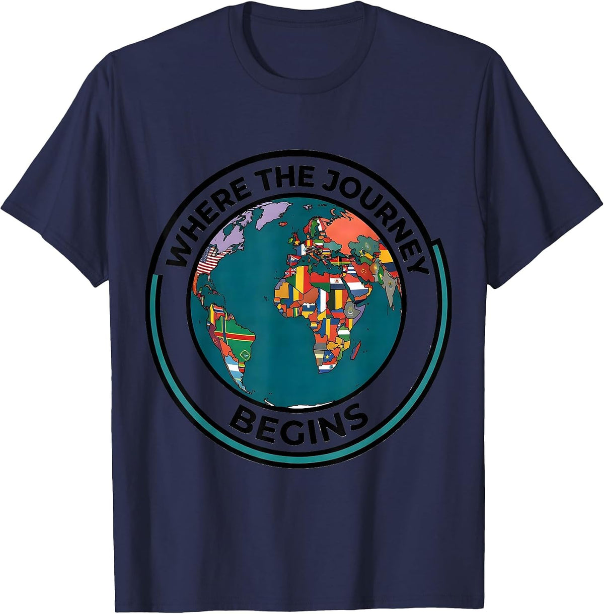 Where the Journey Begins Travel Enthusiast Geography Lover T-Shirt - Navy Blue