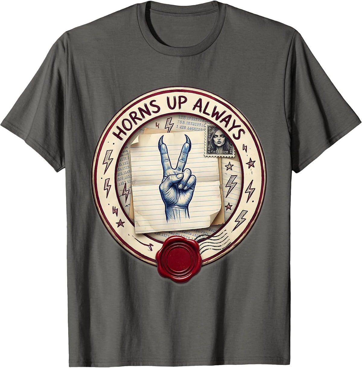 Horns Up Always Heavy Metal Graphic Design T-Shirt - Asphalt Grey