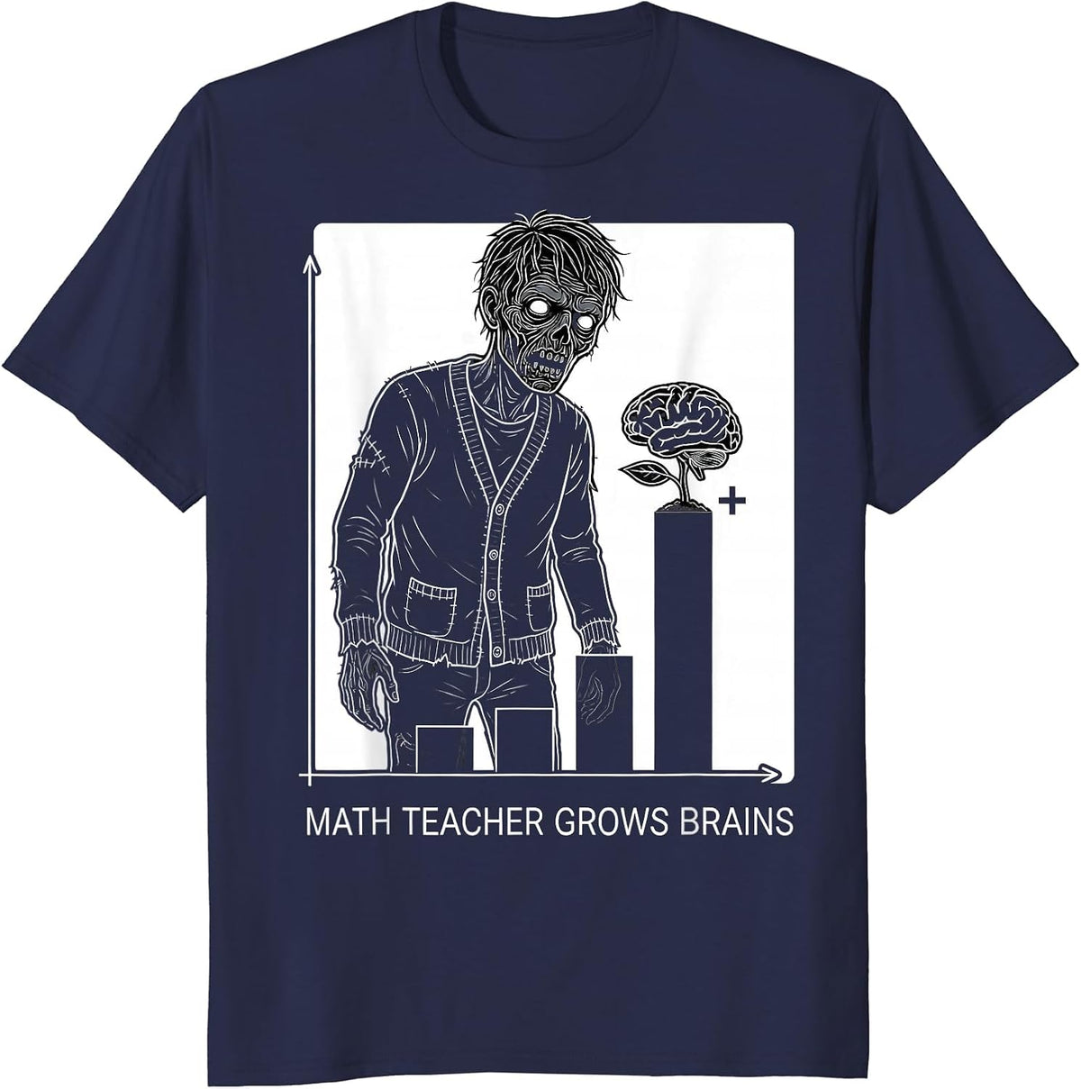 Math Teacher Grows Brains Funny Zombie Halloween Teacher T-Shirt - Navy Blue