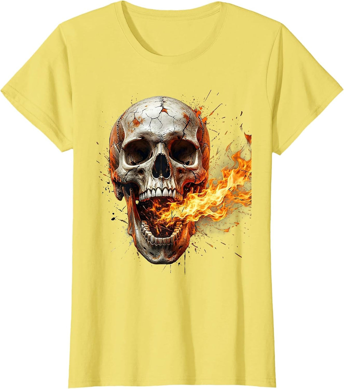 Skull Roaring Fire Unhinged Jaw Graphic Design T-Shirt - Lemon Yellow