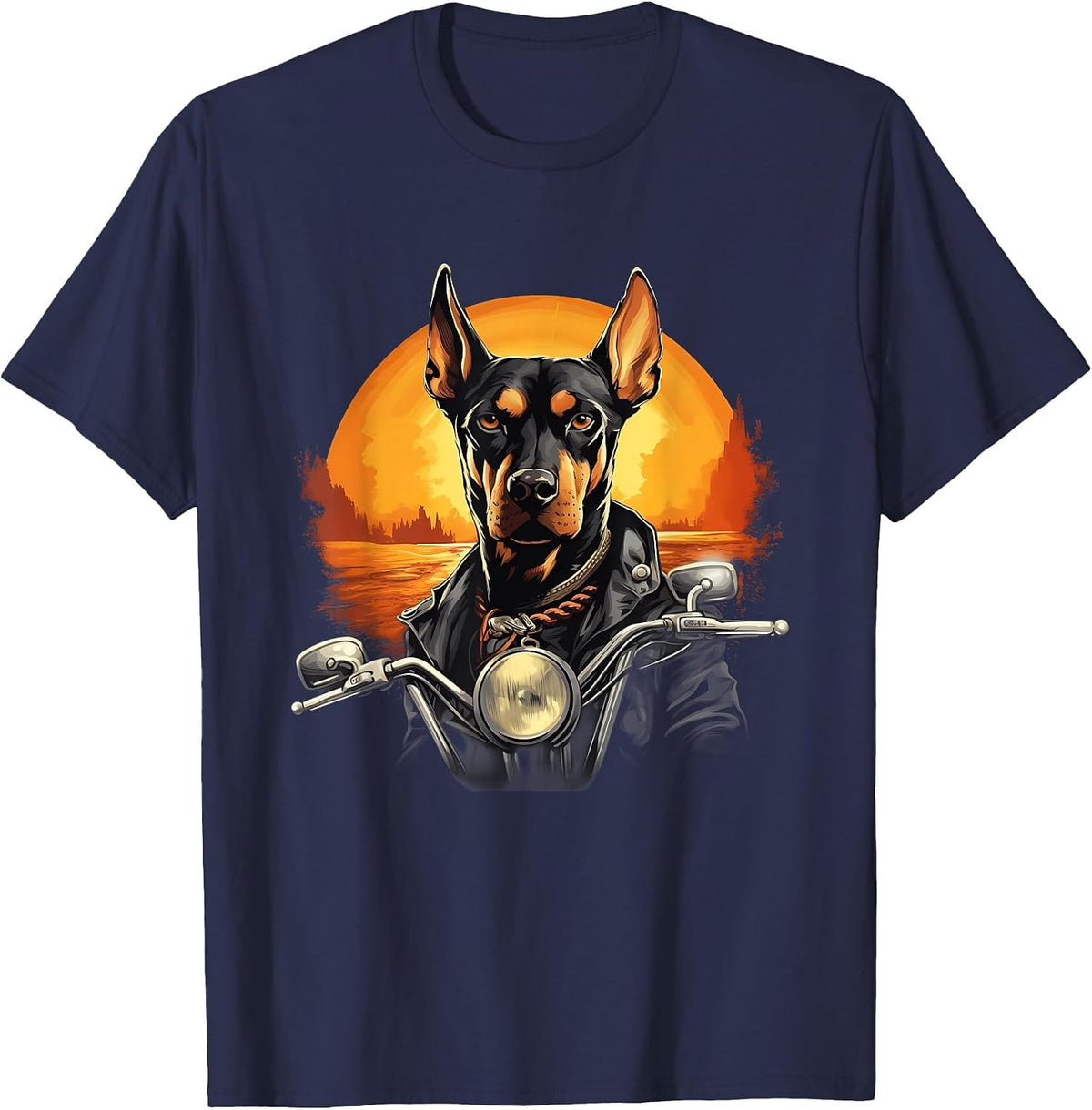 Biker Doberman Pinscher Dog Riding Motorcycle T-Shirt - Navy Blue