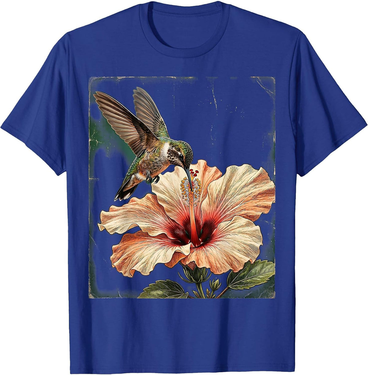 Hummingbird and Hibiscus Floral Illustration T-Shirt - Royal Blue