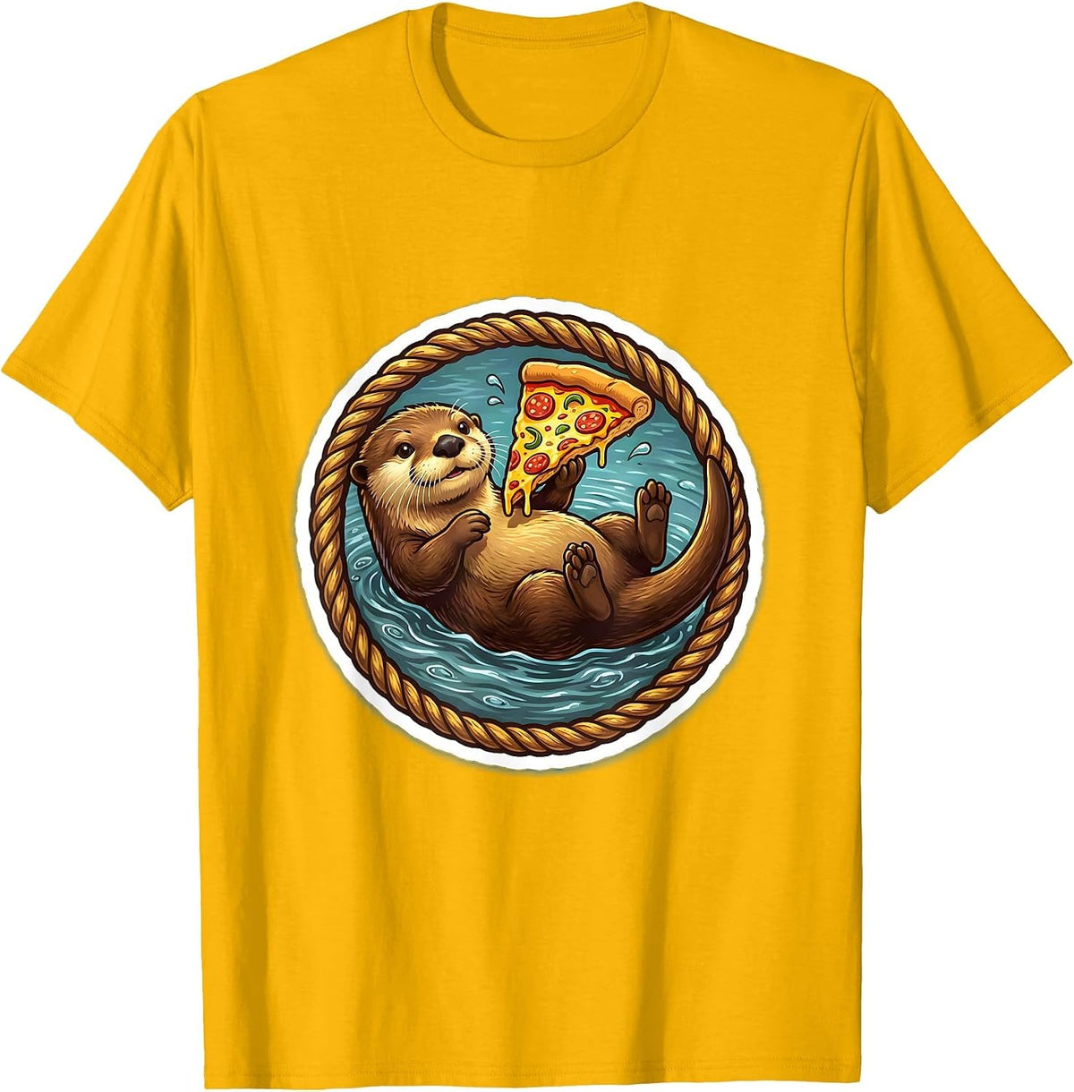Otter Floating On Back Eating Pizza Graphic T-Shirt - Golden Yellow