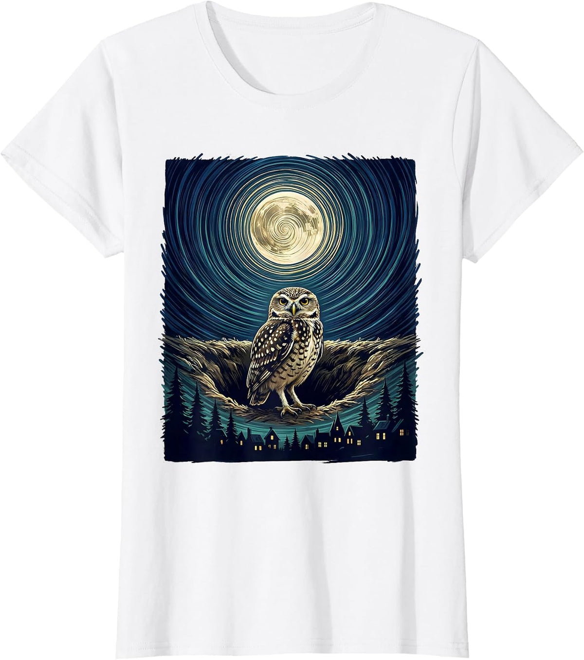 Women's Burrowing Owl Van Gogh Starry Night Art Lover T-Shirt - White