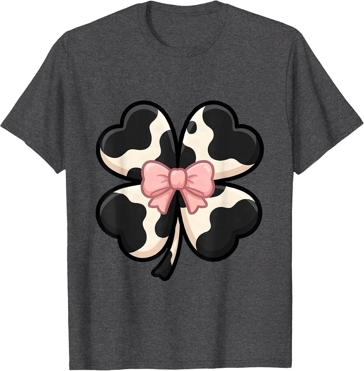Men's Cute Kawaii Clover Cow-Print Bow Pattern for Cow Lovers T-Shirt - Dark Heather Grey