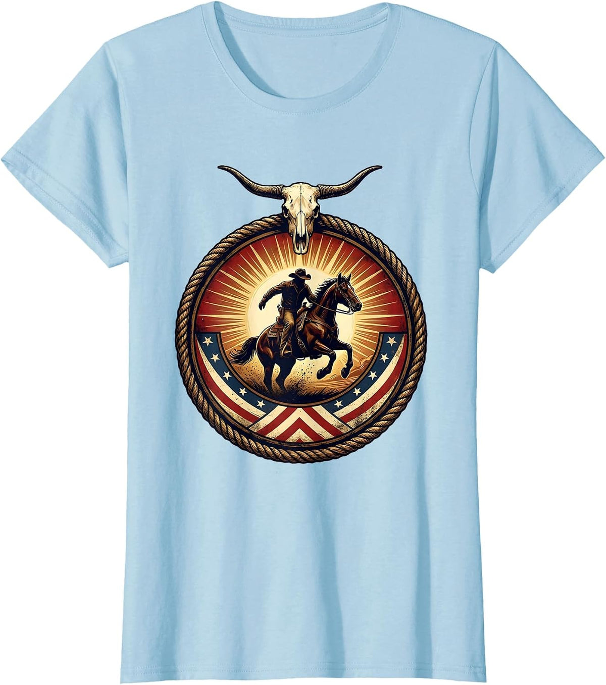 Lone Cowboy Riding Horse at Sunset Western T-Shirt - Baby Blue