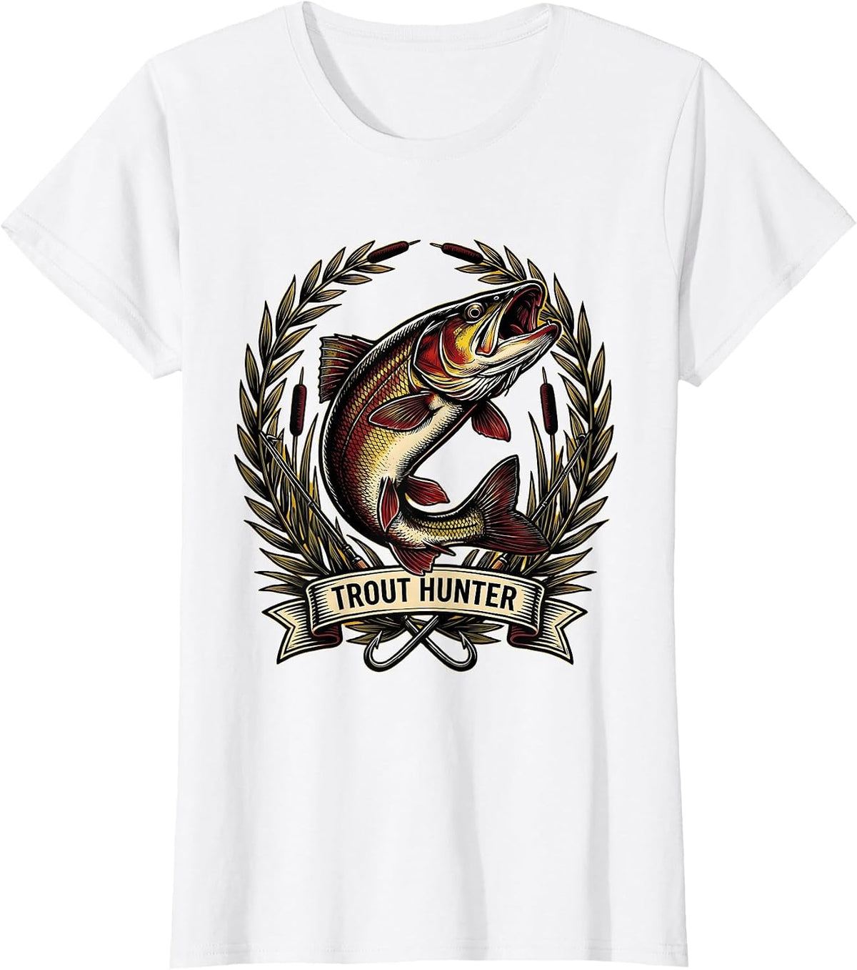 Trout Hunter Fishing Graphic Design T-Shirt - White
