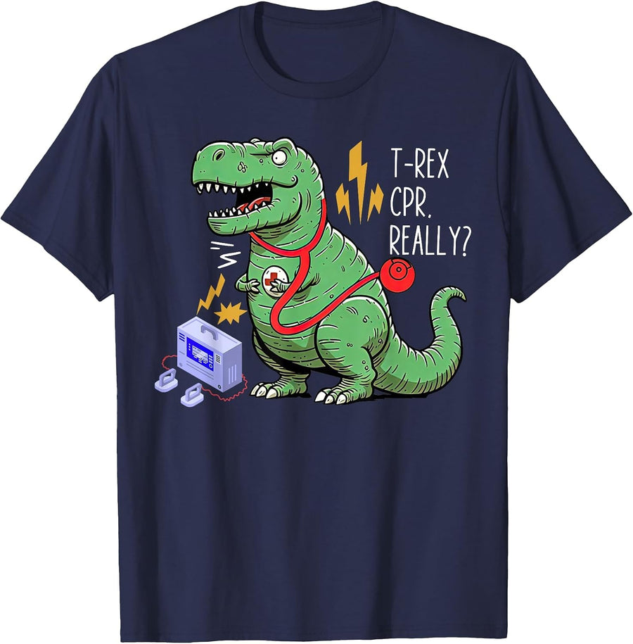 T-Rex CPR Really Dinosaur EMS Paramedic EMT Nurse T-Shirt - Navy Blue