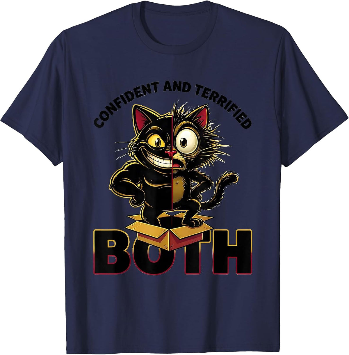 Men's Confident And Terrified, Both Cartoon Quantum Physics Humor T-Shirt - Navy Blue