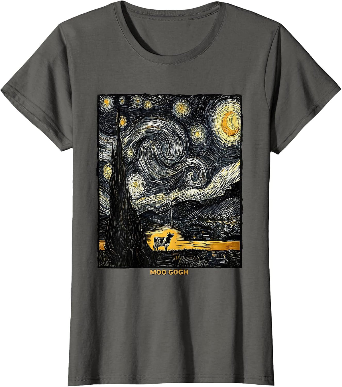 Women's Moo Gogh Whimsical Cow Art Lover Gift for Pet Owners T-Shirt - Asphalt Grey