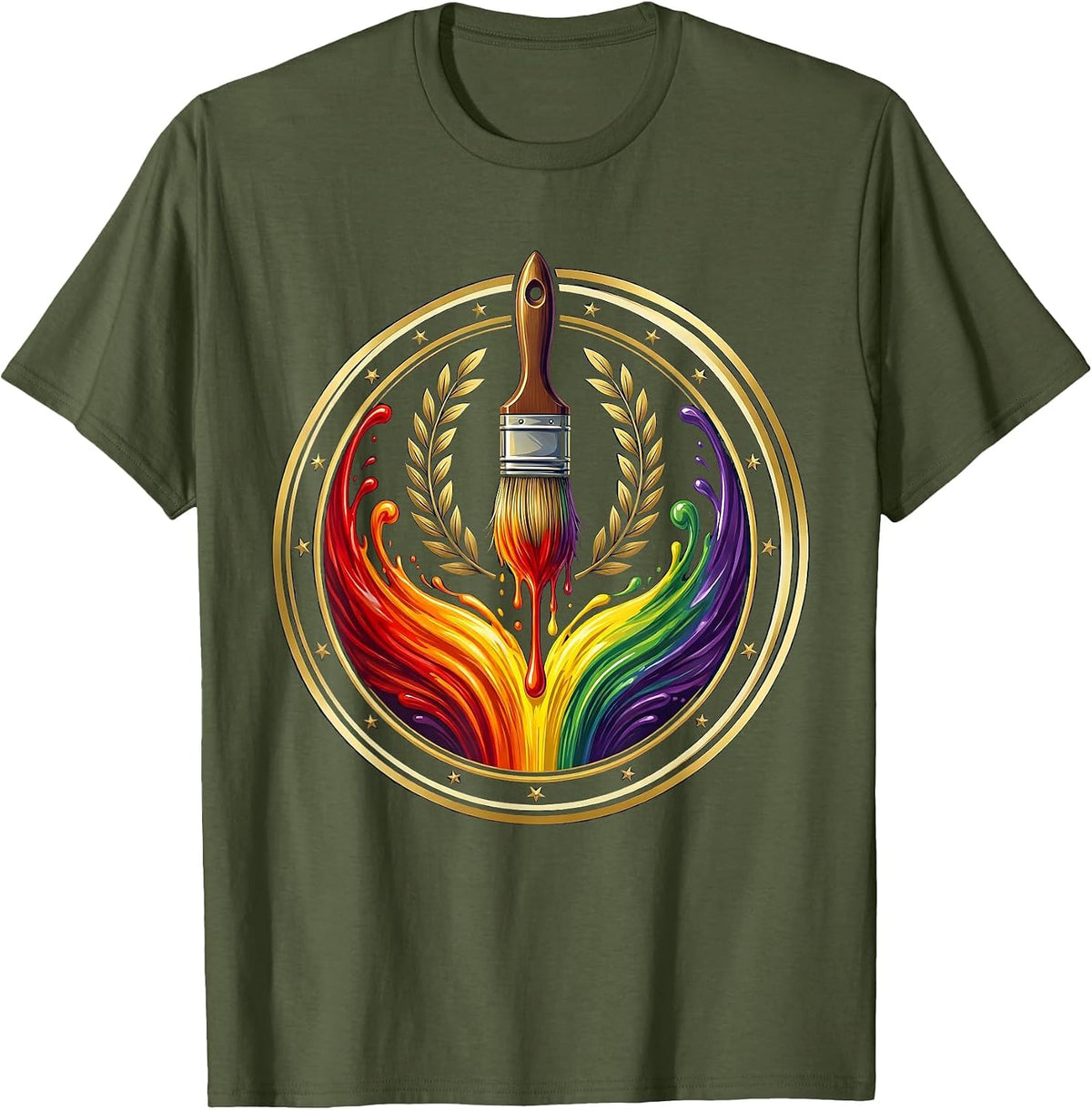 Men's PreK Teacher Rainbow Paintbrush Art Design T-Shirt - Olive Green