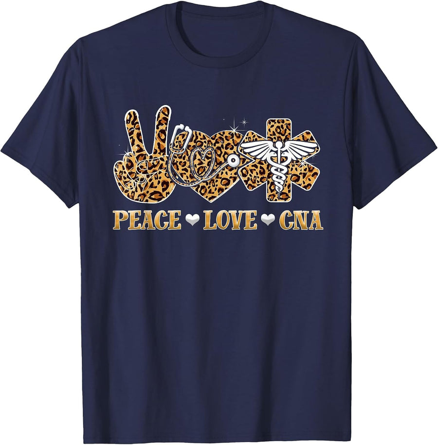 Peace Love CNA Nurse Life Leopard Print Stethoscope Heart Tee T-Shirt - Navy Blue
