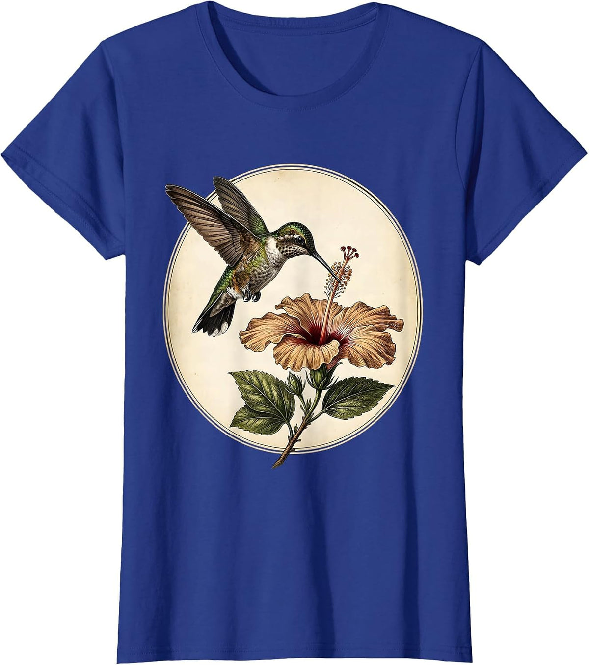 Women's Hummingbird and Hibiscus Flower Graphic T-Shirt - Royal Blue