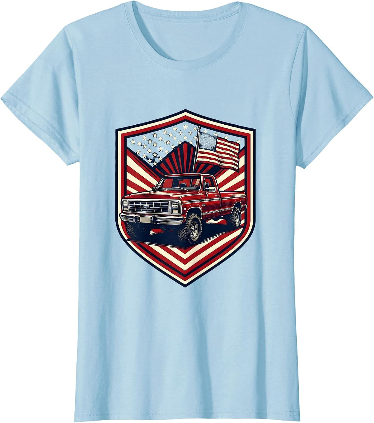 Patriotic Old Pickup Truck with Flag Graphic T-Shirt - Baby Blue