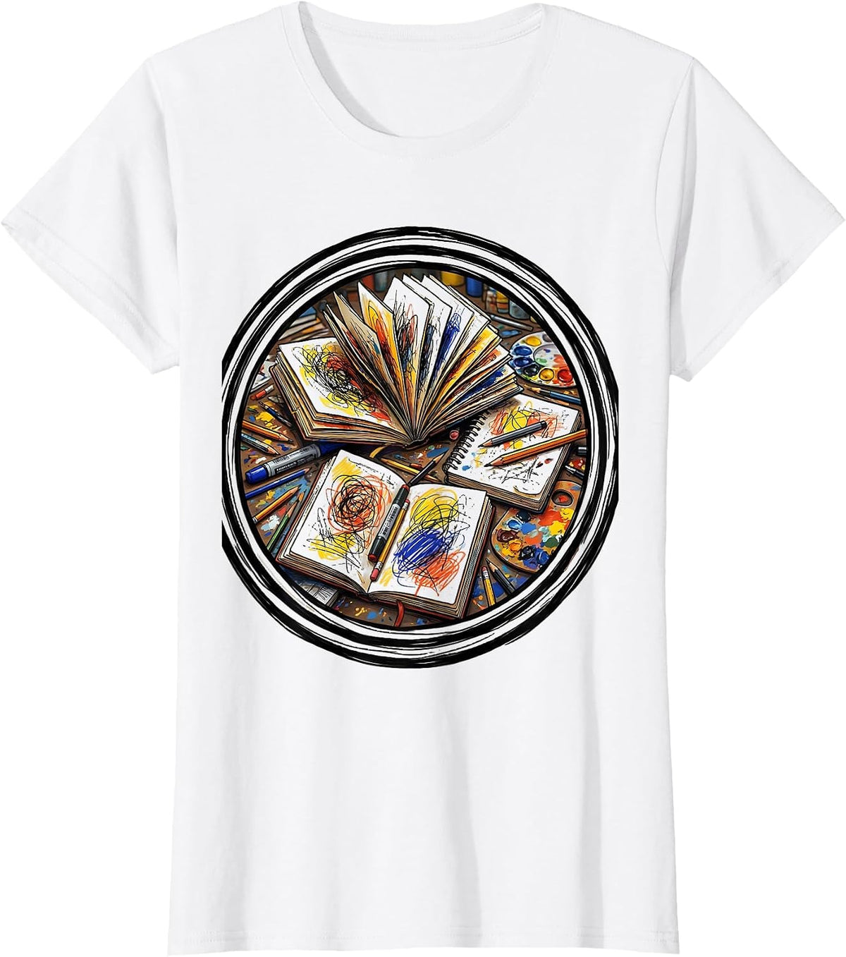 Women's Art Teacher Sketchbook Desk Illustration T-Shirt - White