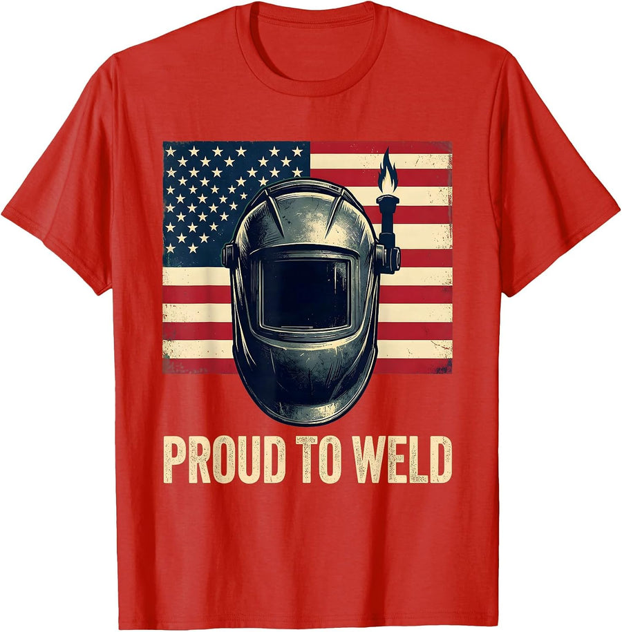 Men's Proud To Weld Patriotic Welding Helmet American Flag Welding T-Shirt - Red