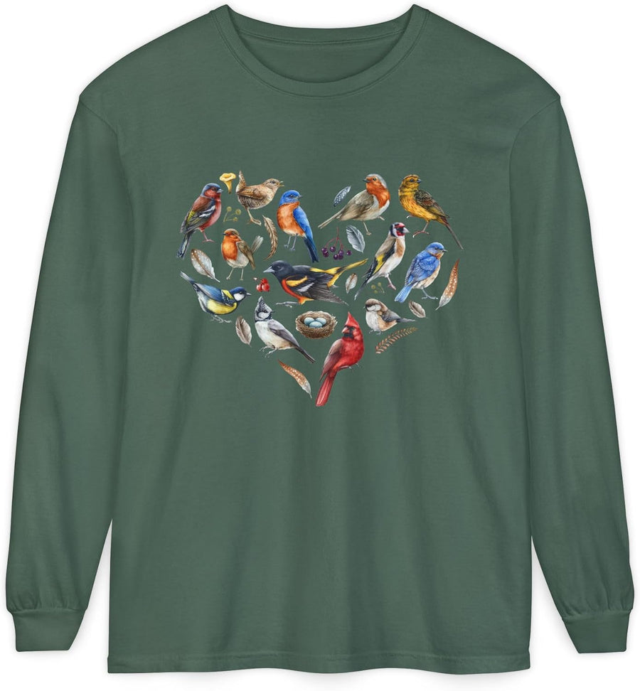 The Nerdy Birder Bird Heart Unisex Garment-Dyed Long Sleeve T-Shirt - Blue Spruce