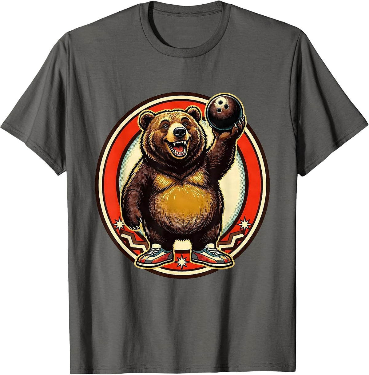 Men's Bear Bowling Illustration Funny Bowling Graphic T-Shirt - Asphalt Grey